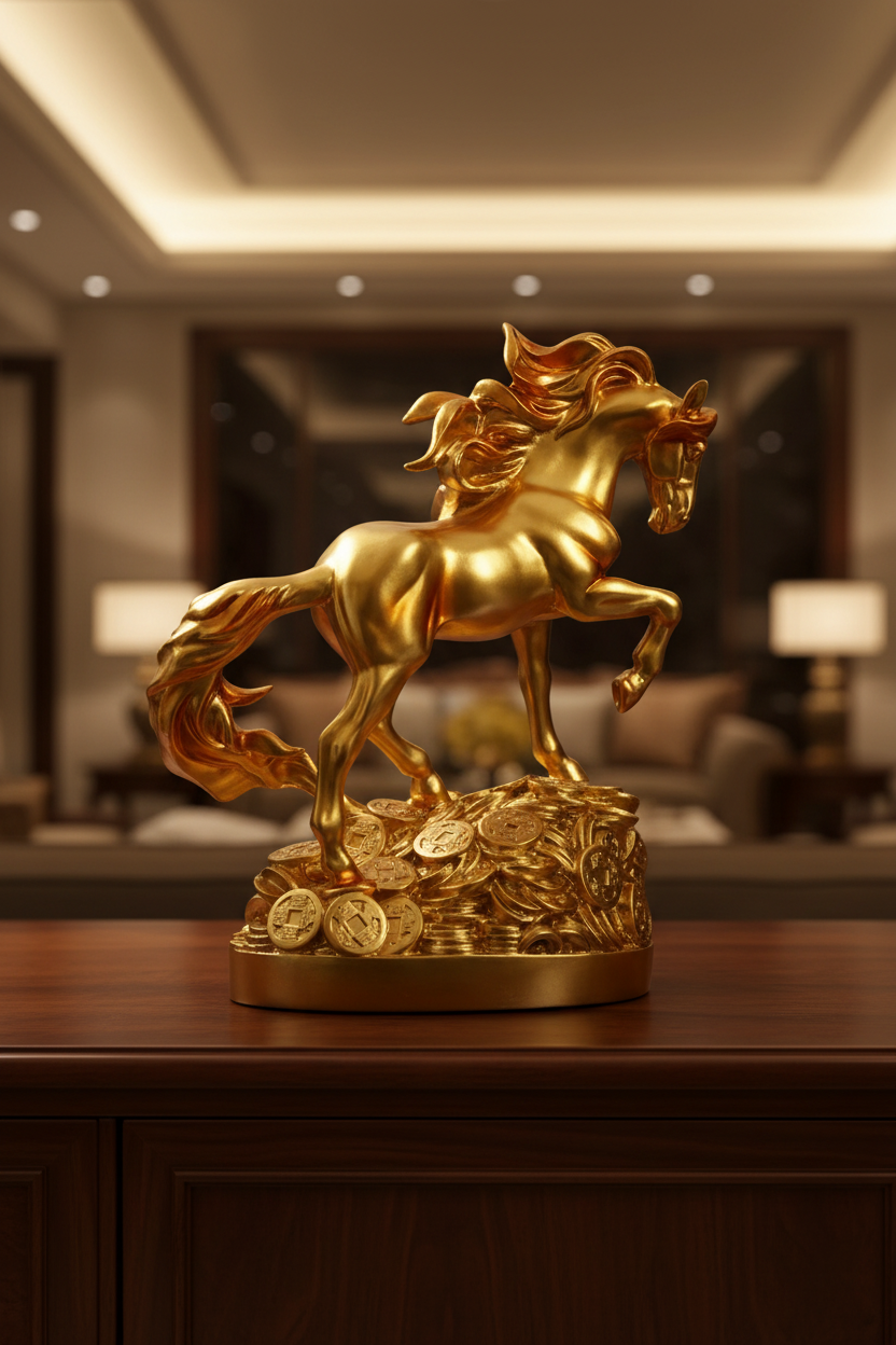 Cheval doré – grande taille mise en valeur