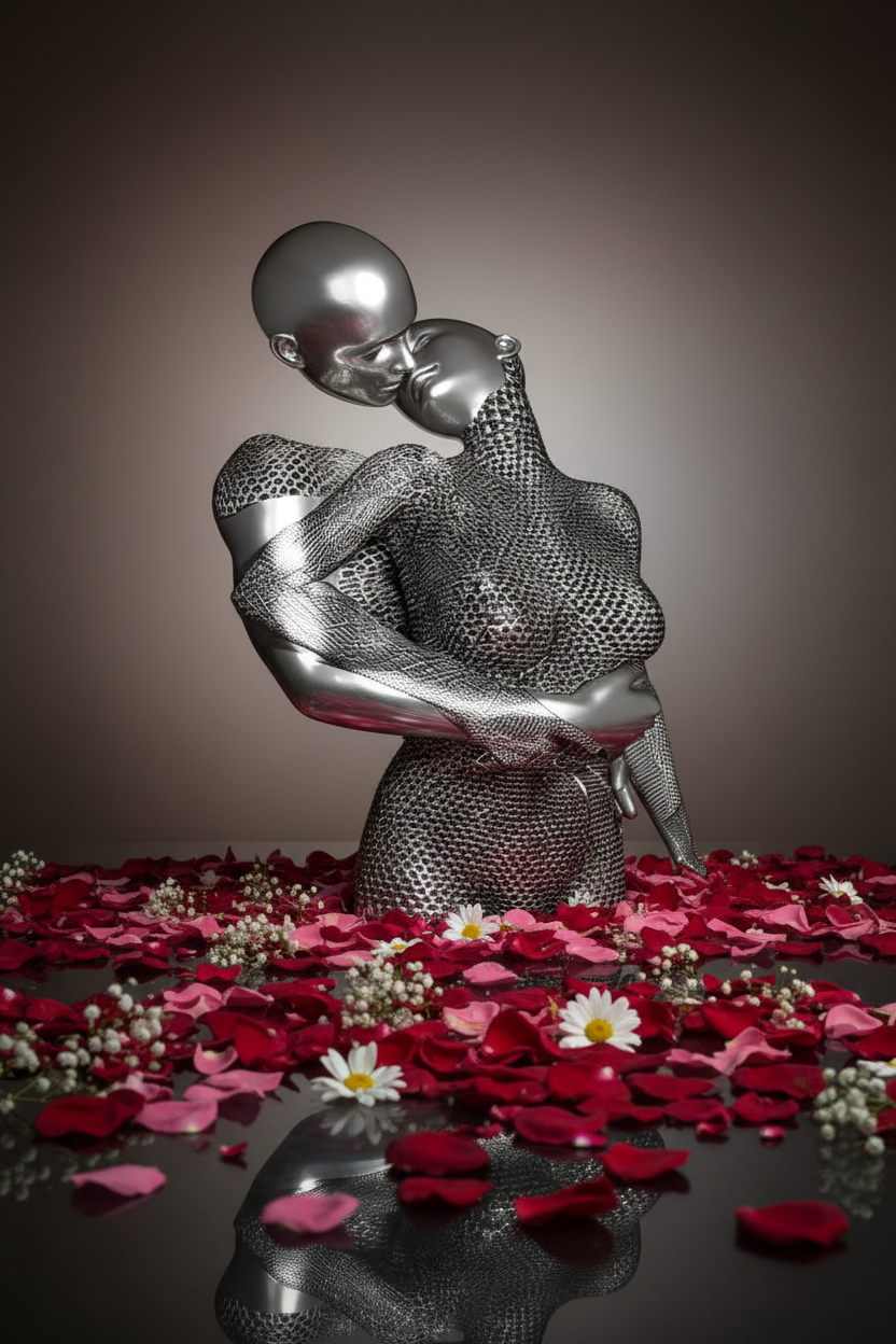 Couple enlacé avec fleurs au sol